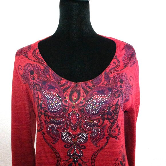 Red/black floral blouse, with tiny studs design - Picture 4 of 5